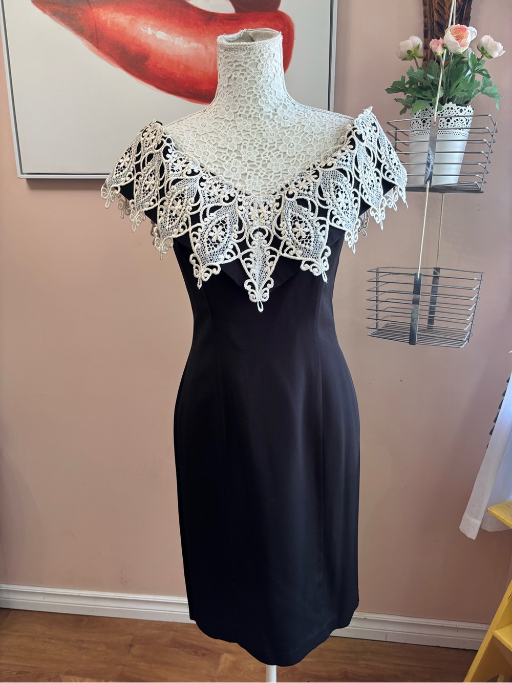 Vintage 90s Formal Black Cocktail Dress with White Off Shoulder Crochet Lace